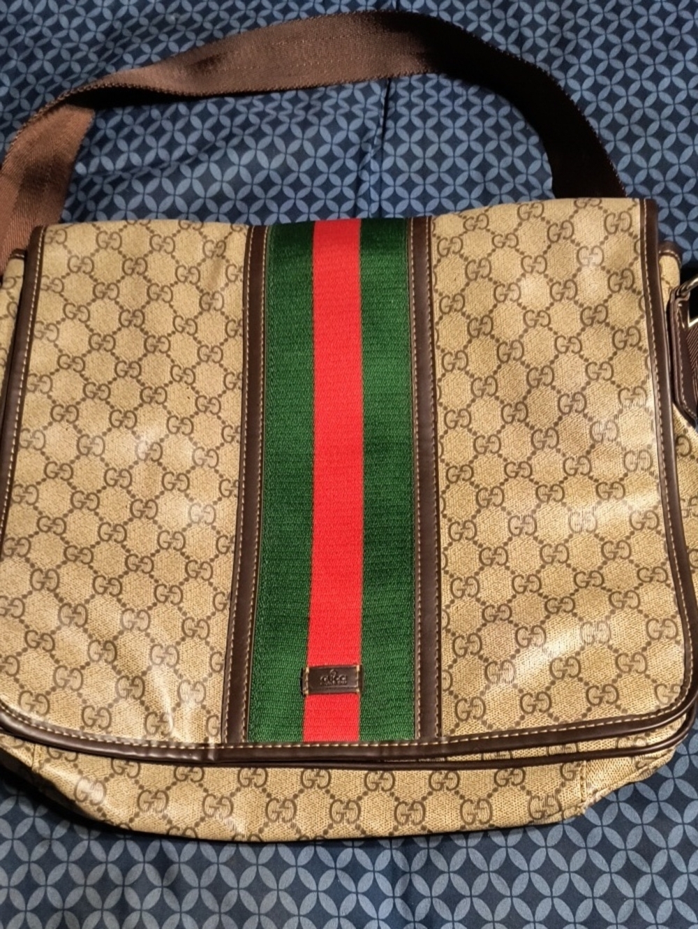 Gucci Beige GG Canvas Messenger Bag with Green and Red Web Stripe